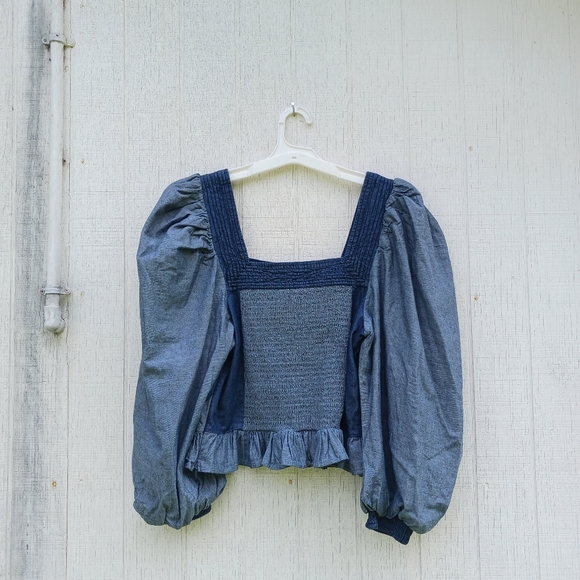 ANTHROPOLOGIE Love the Label Smocked Puff-Sleeve Denim Blouse Blue Top - SIZE M. - Picture 8 of 12
